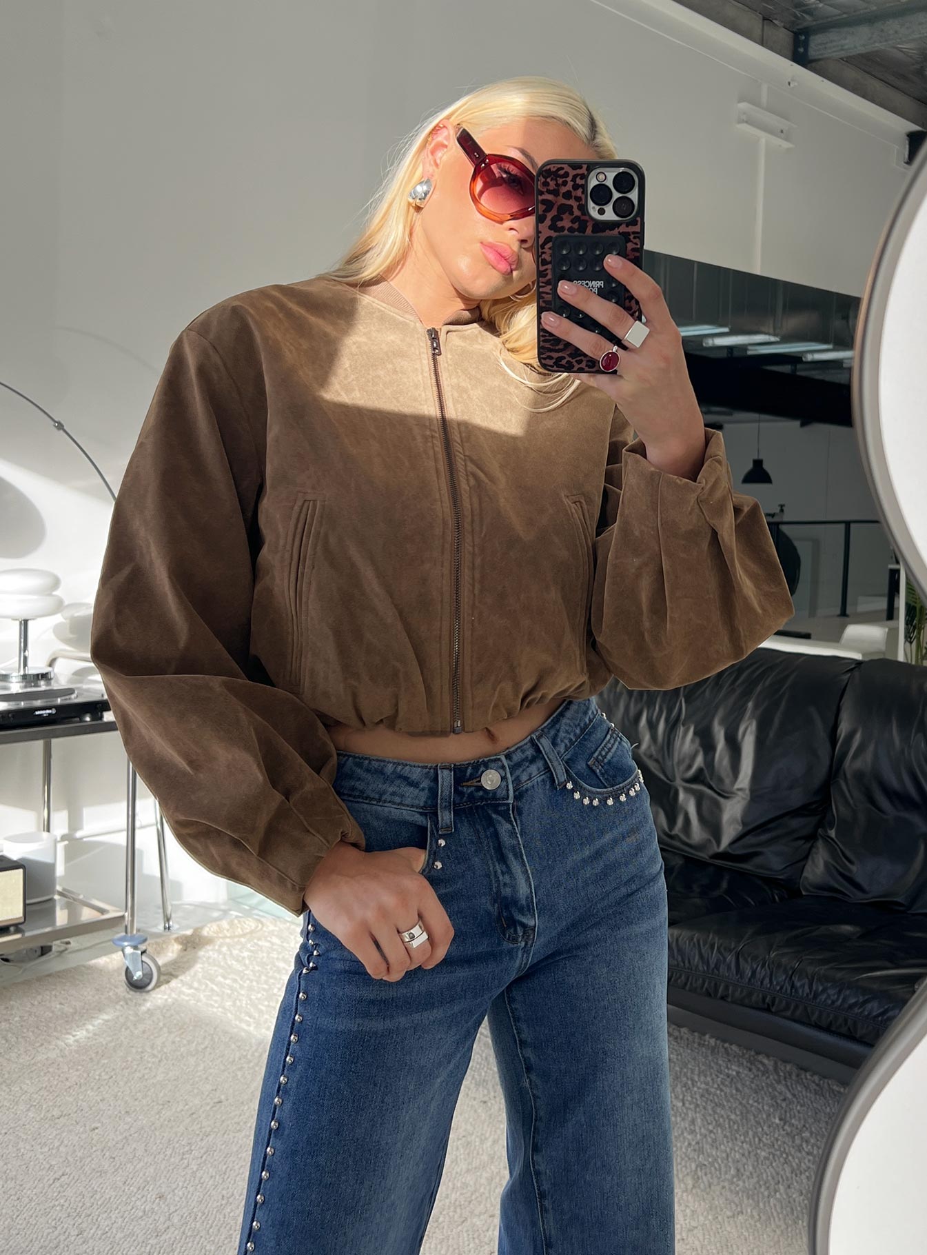 Mastery Faux Suede Bomber Jacket Brown