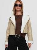 Shearling Trim Faux Leather Jacket Beige