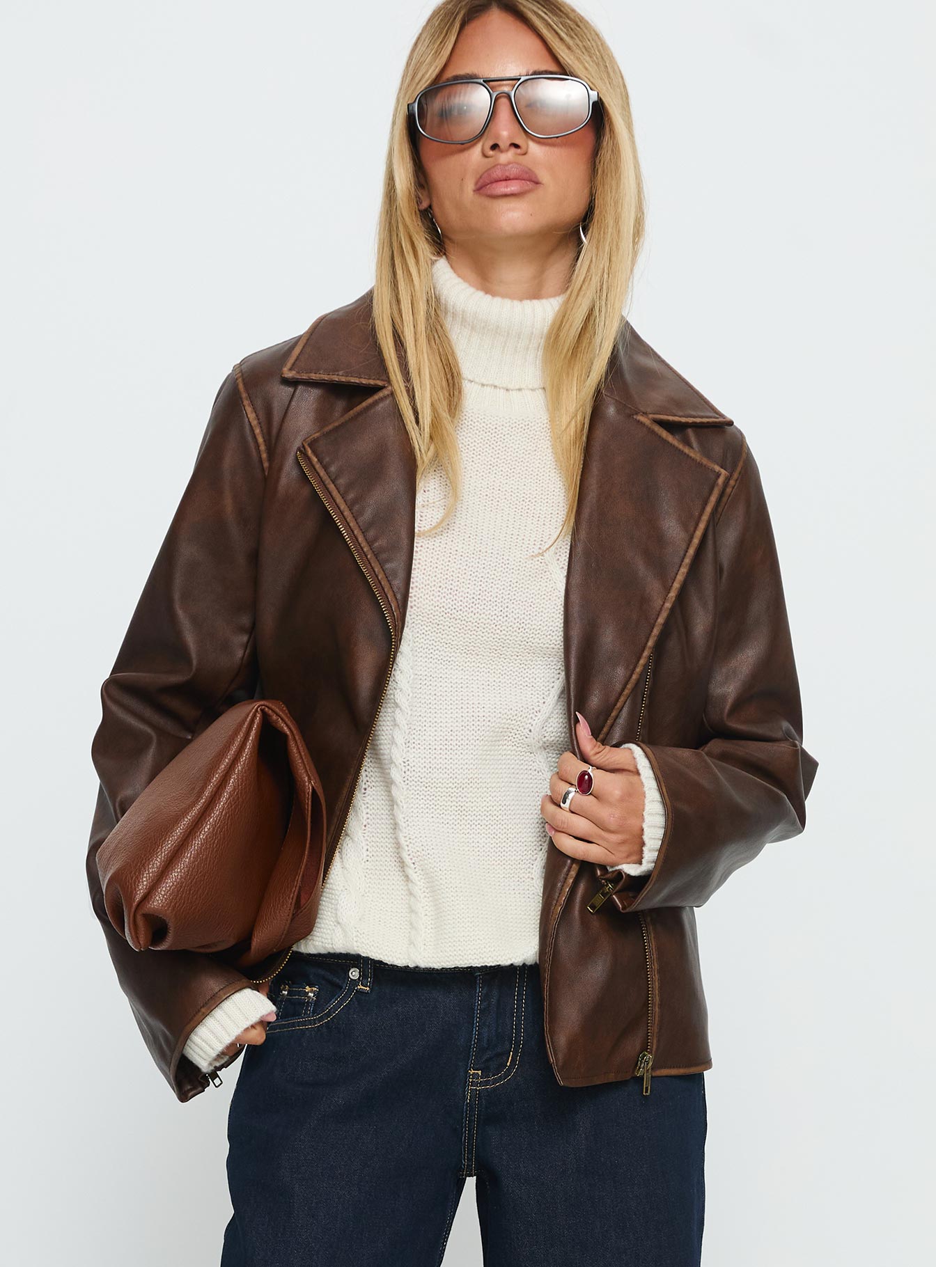 Vyolette Faux Leather Collared Jacket Washed Brown