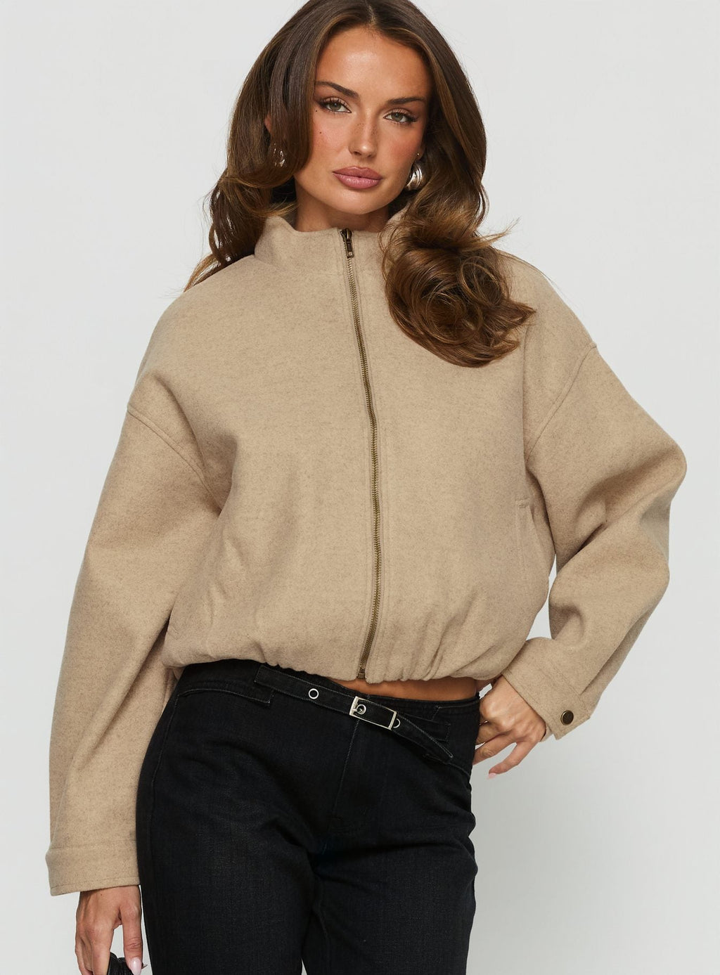 Chayden Cropped Faux Wool Bomber Jacket Beige