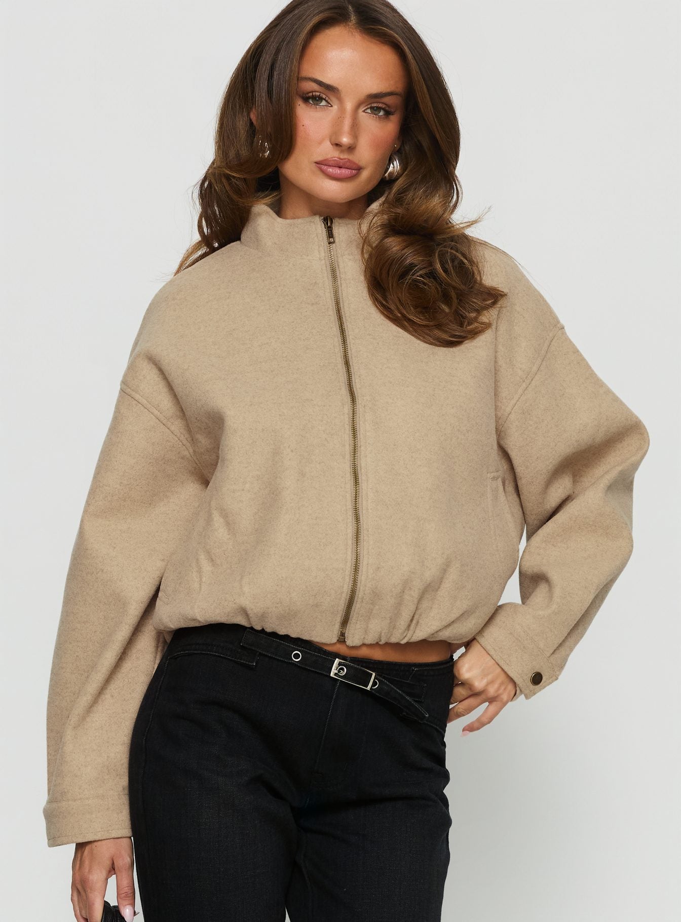Chayden Cropped Faux Wool Bomber Jacket Beige