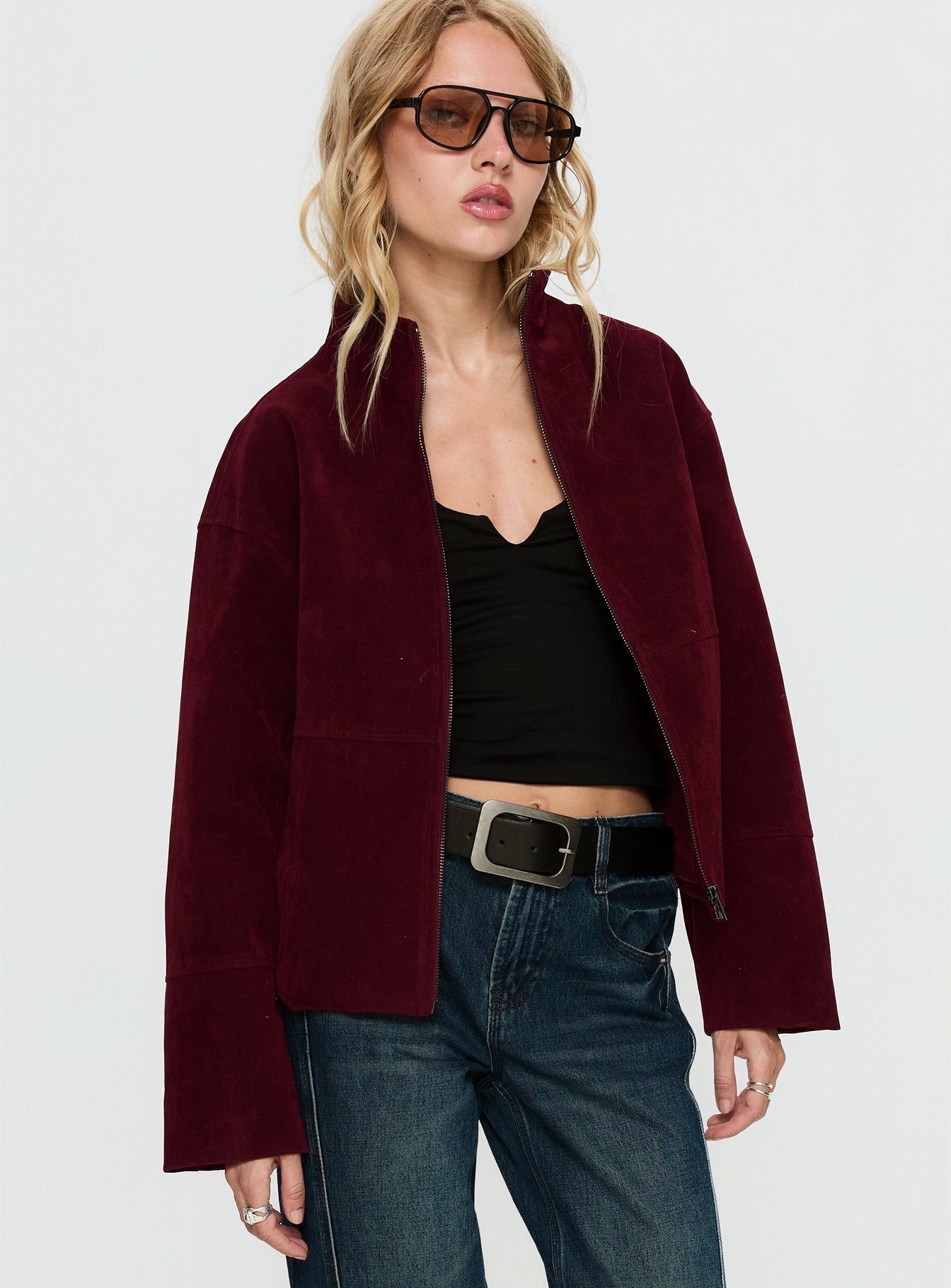 Jessalynn Faux Suede Zip Through Jacket Burgundy