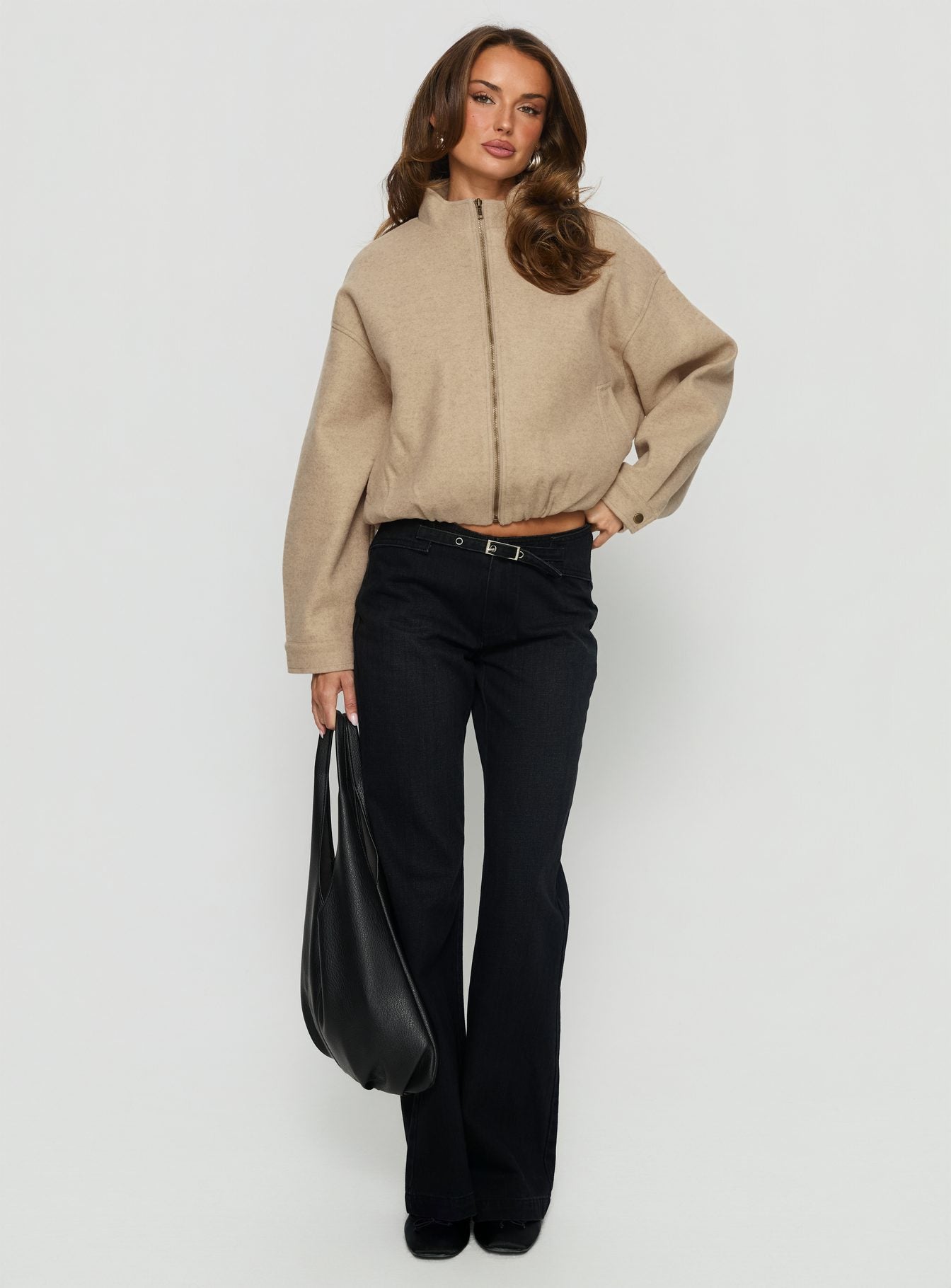 Chayden Cropped Faux Wool Bomber Jacket Beige