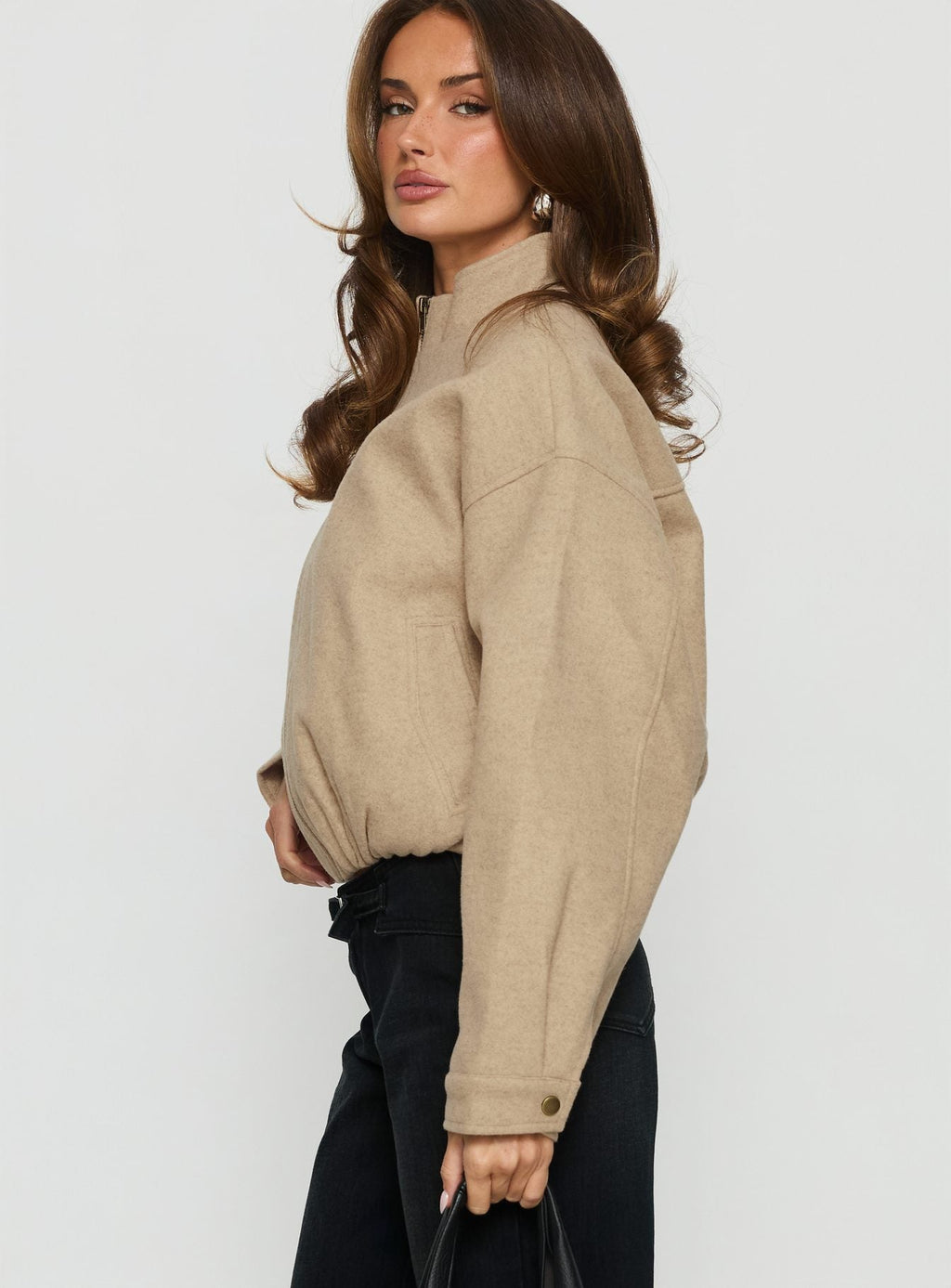 Chayden Cropped Faux Wool Bomber Jacket Beige