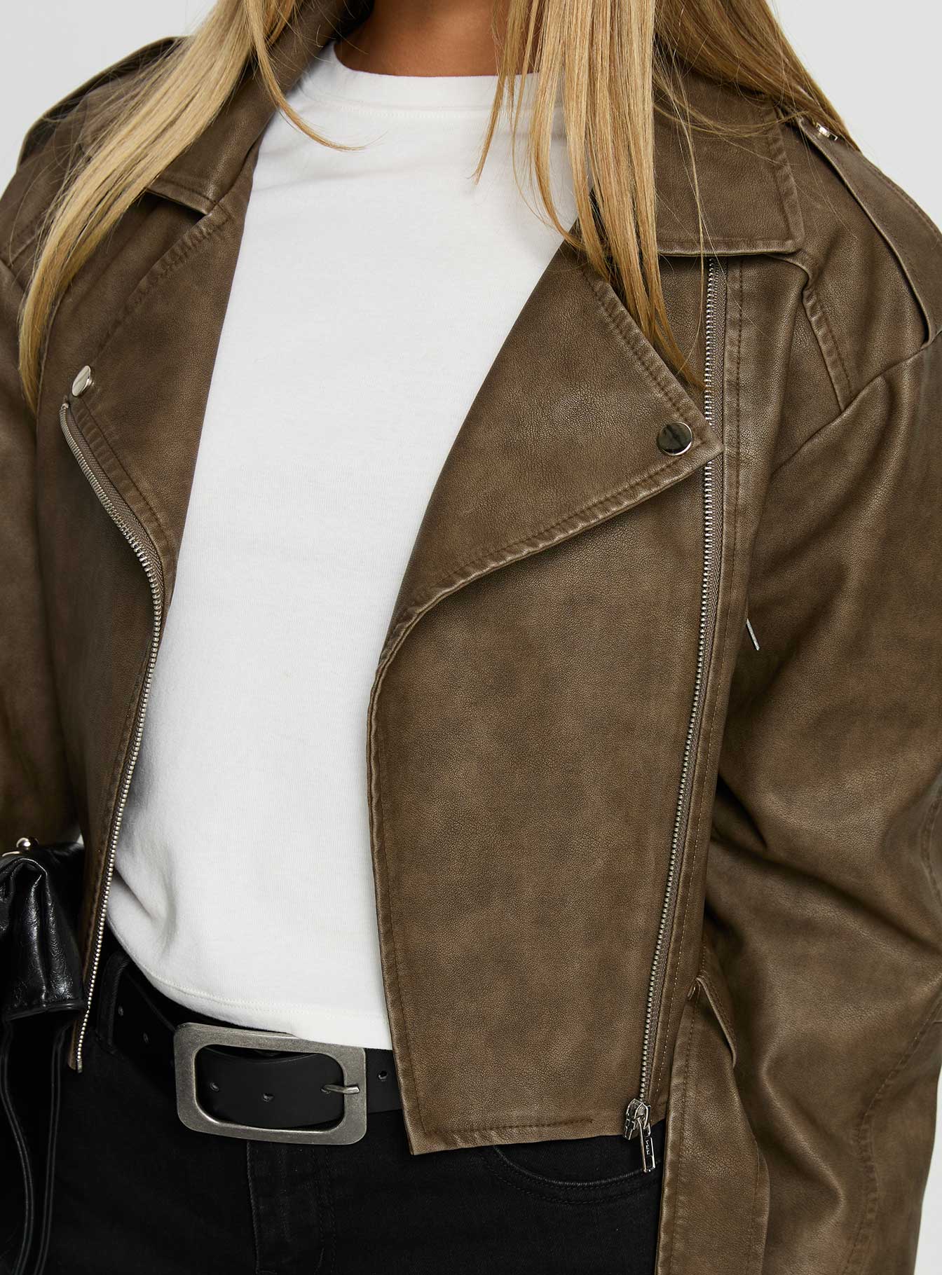 Talisha Faux Leather Biker Jacket Brown