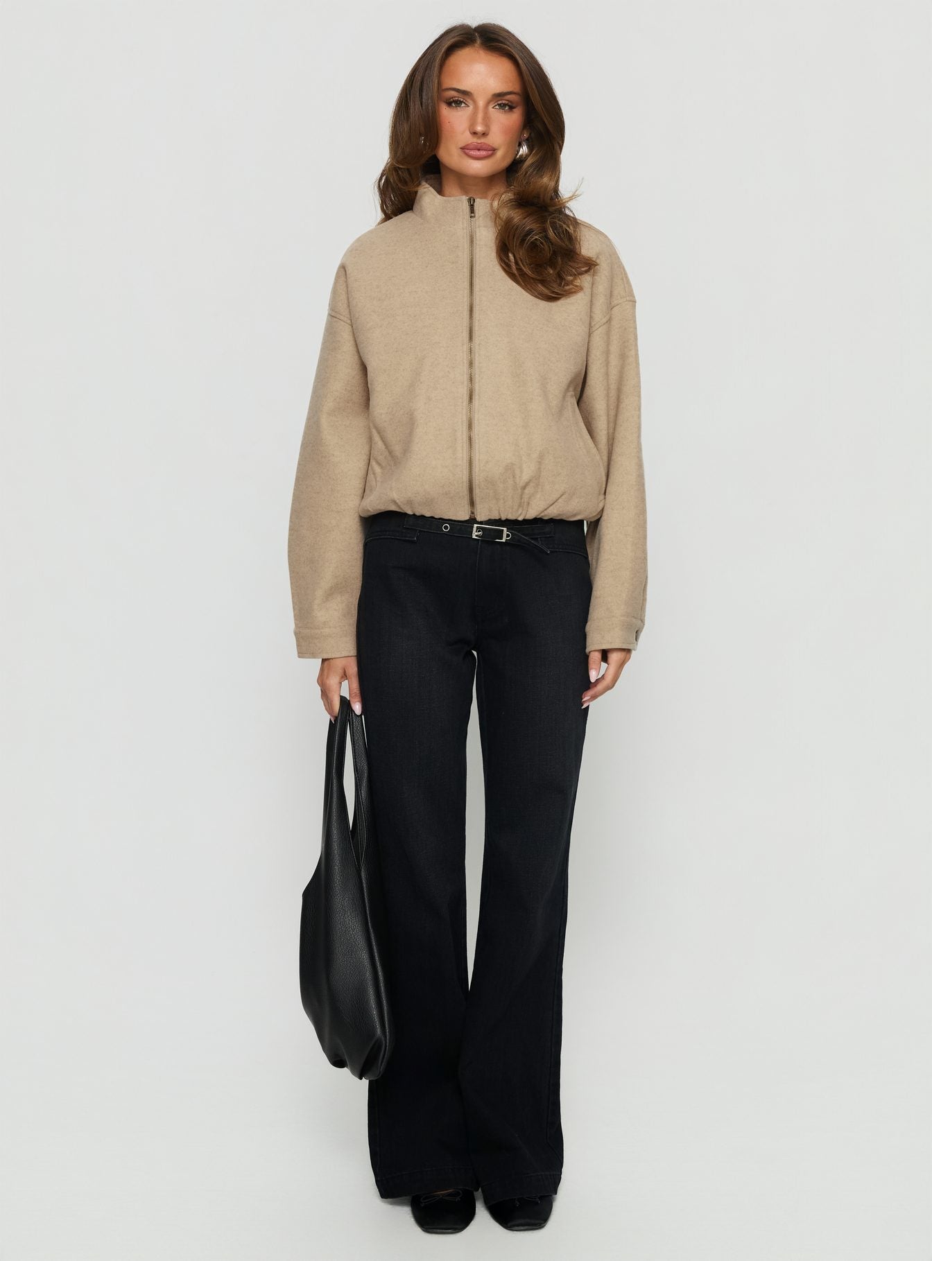 Chayden Cropped Faux Wool Bomber Jacket Beige