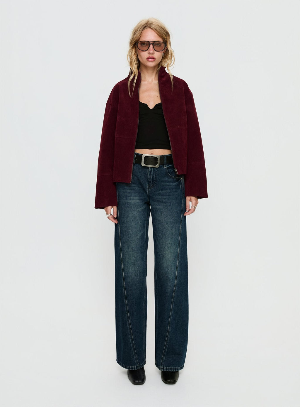 Jessalynn Faux Suede Zip Through Jacket Burgundy